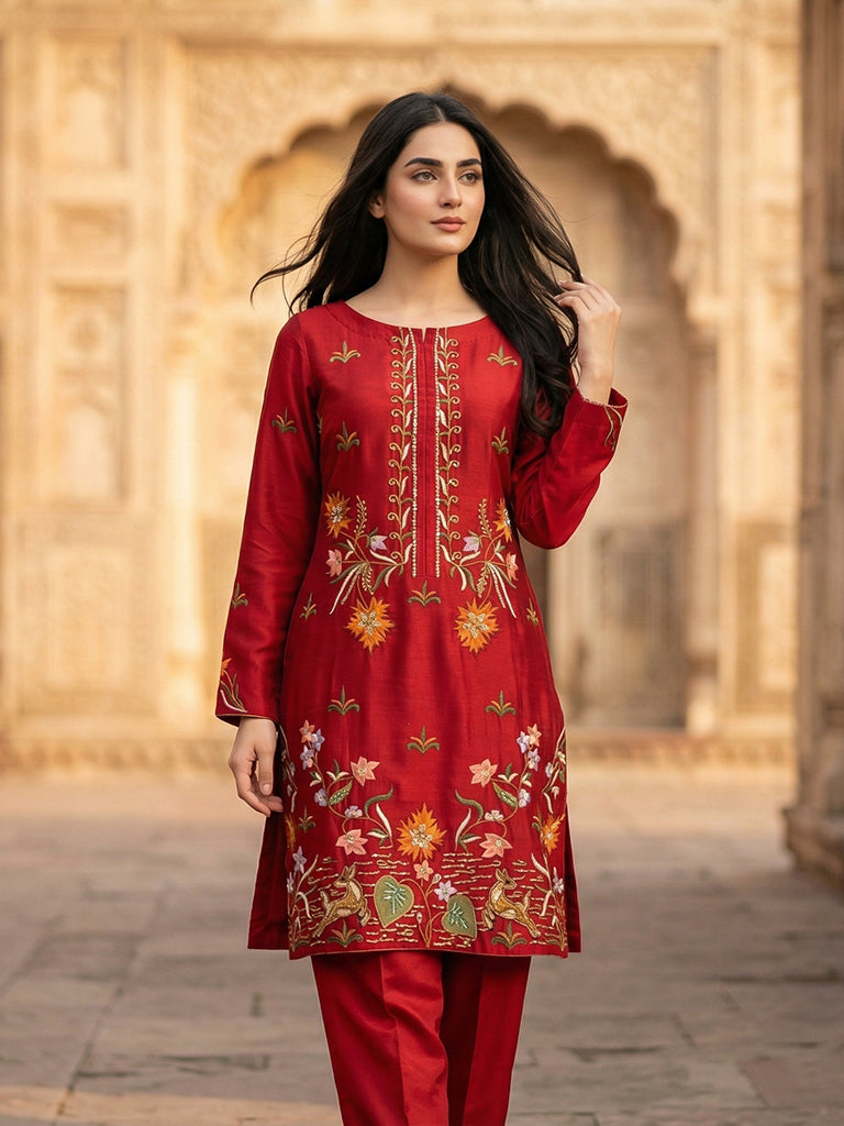 Luxury Pure Self Lawn Red Shirt | Designer Summer Pret Wear