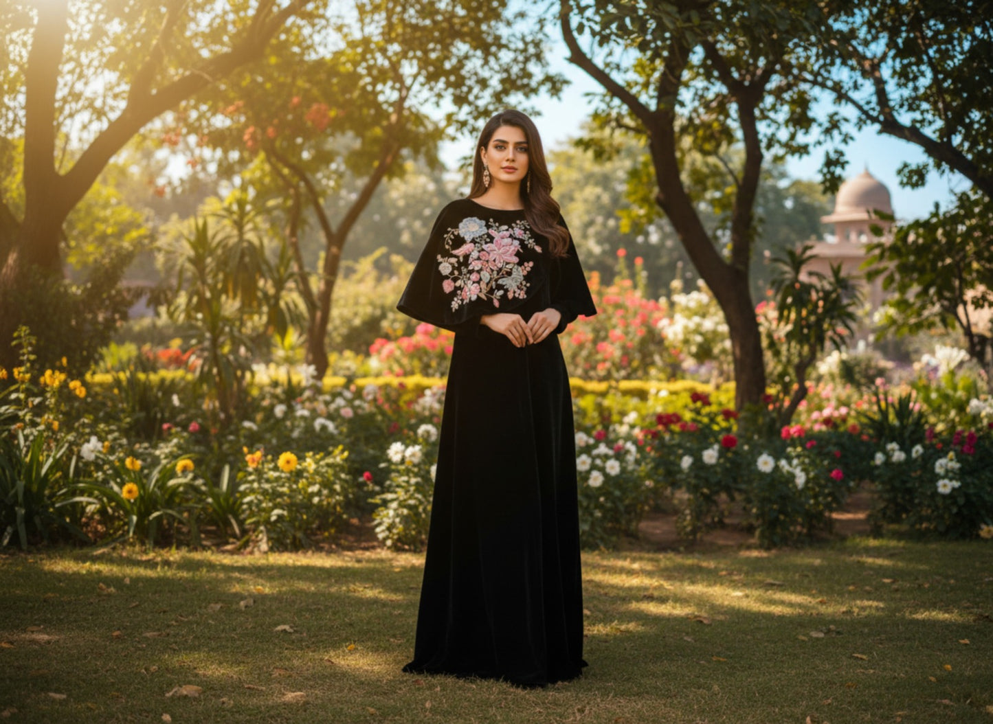 Black Long Dress with Embellished Velvet Cape – 2 Piece Formal Wear