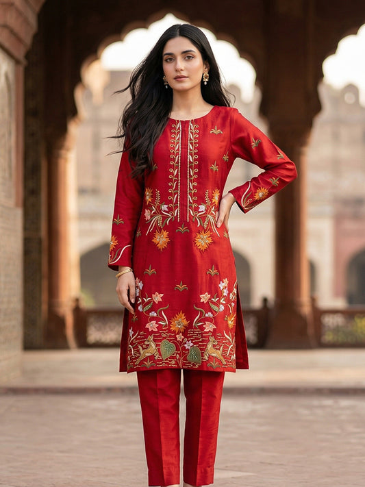 Luxury Pure Self Lawn Red Shirt | Designer Summer Pret Wear
