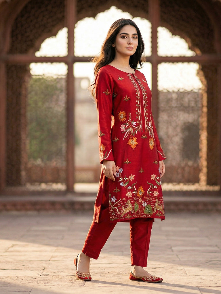 Luxury Pure Self Lawn Red Shirt | Designer Summer Pret Wear