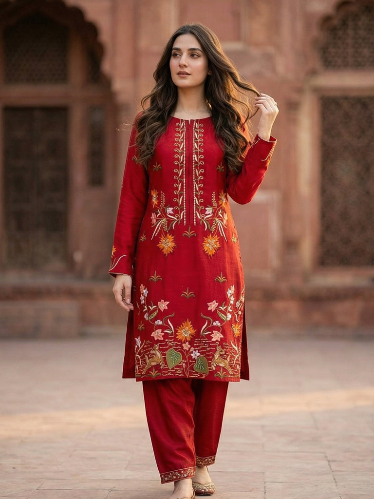 Luxury Pure Self Lawn Red Shirt | Designer Summer Pret Wear