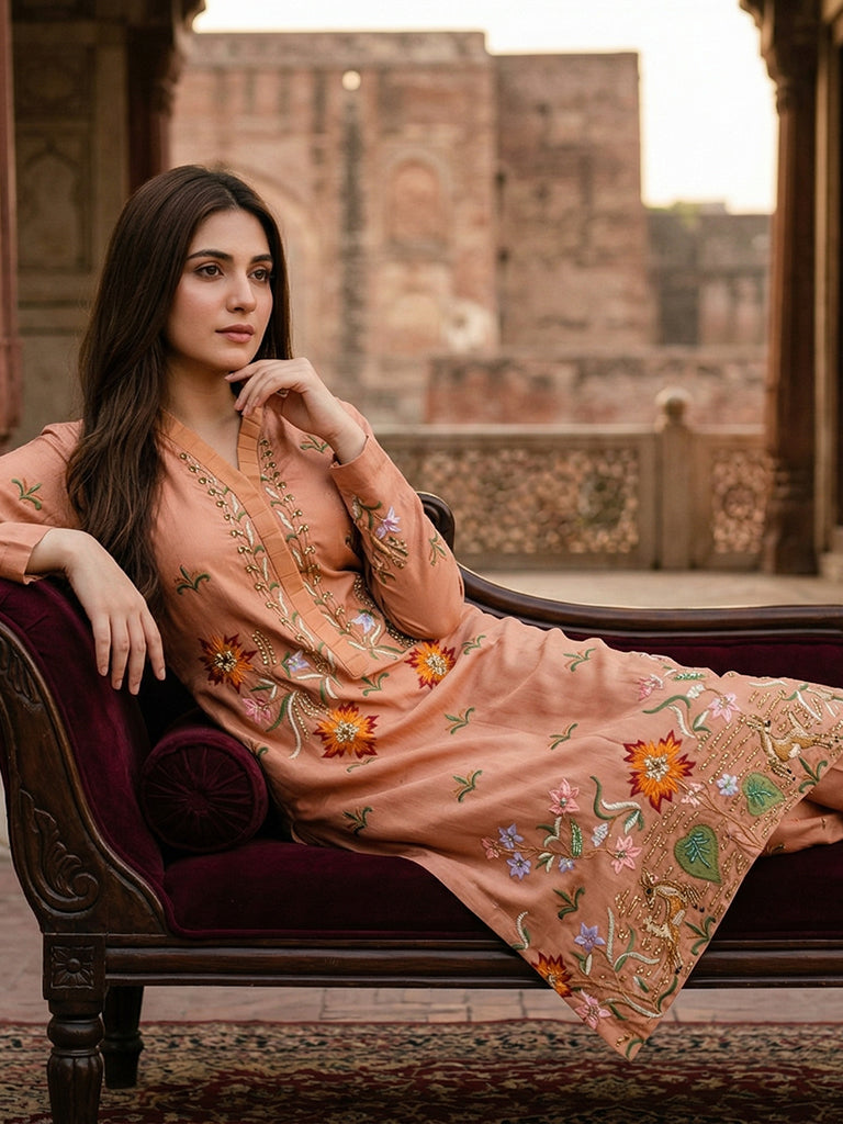 Luxury Pure Self Lawn Peach Shirt | Designer Summer Pret Wear