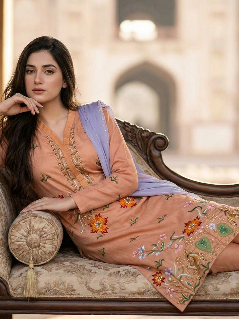 Luxury Pure Self Lawn Peach Shirt | Designer Summer Pret Wear