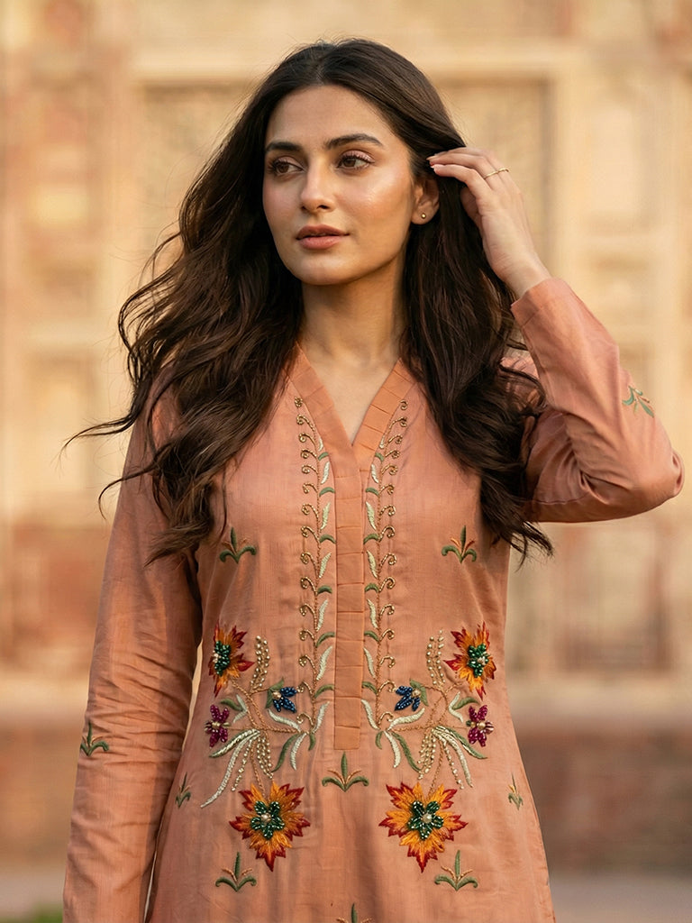Luxury Pure Self Lawn Peach Shirt | Designer Summer Pret Wear