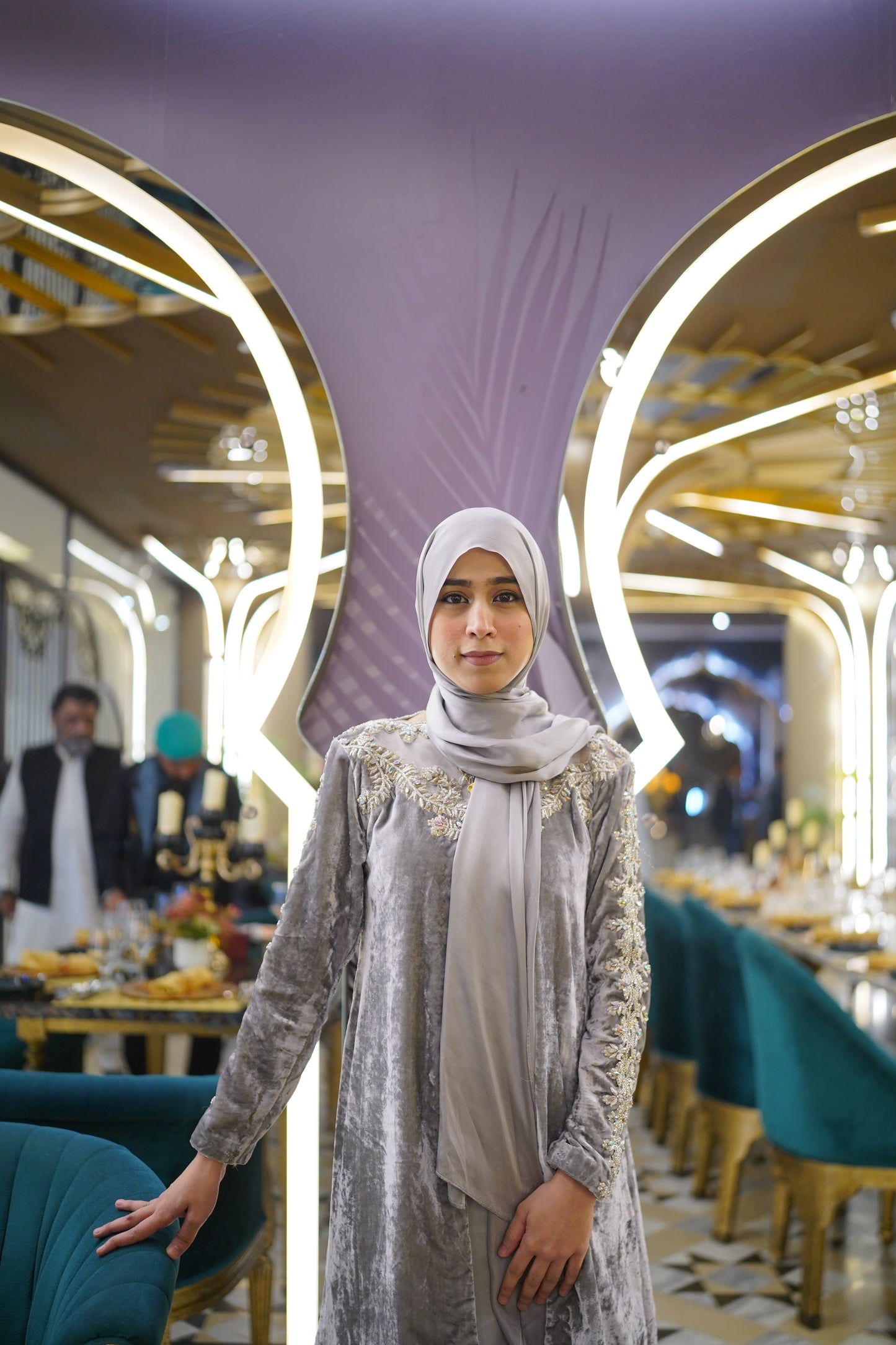 Silver Grey Pure Velvet Short Open Gown with Stone & Crystal Work – 4 Piece Silk Trouser Inner & Dupatta Set