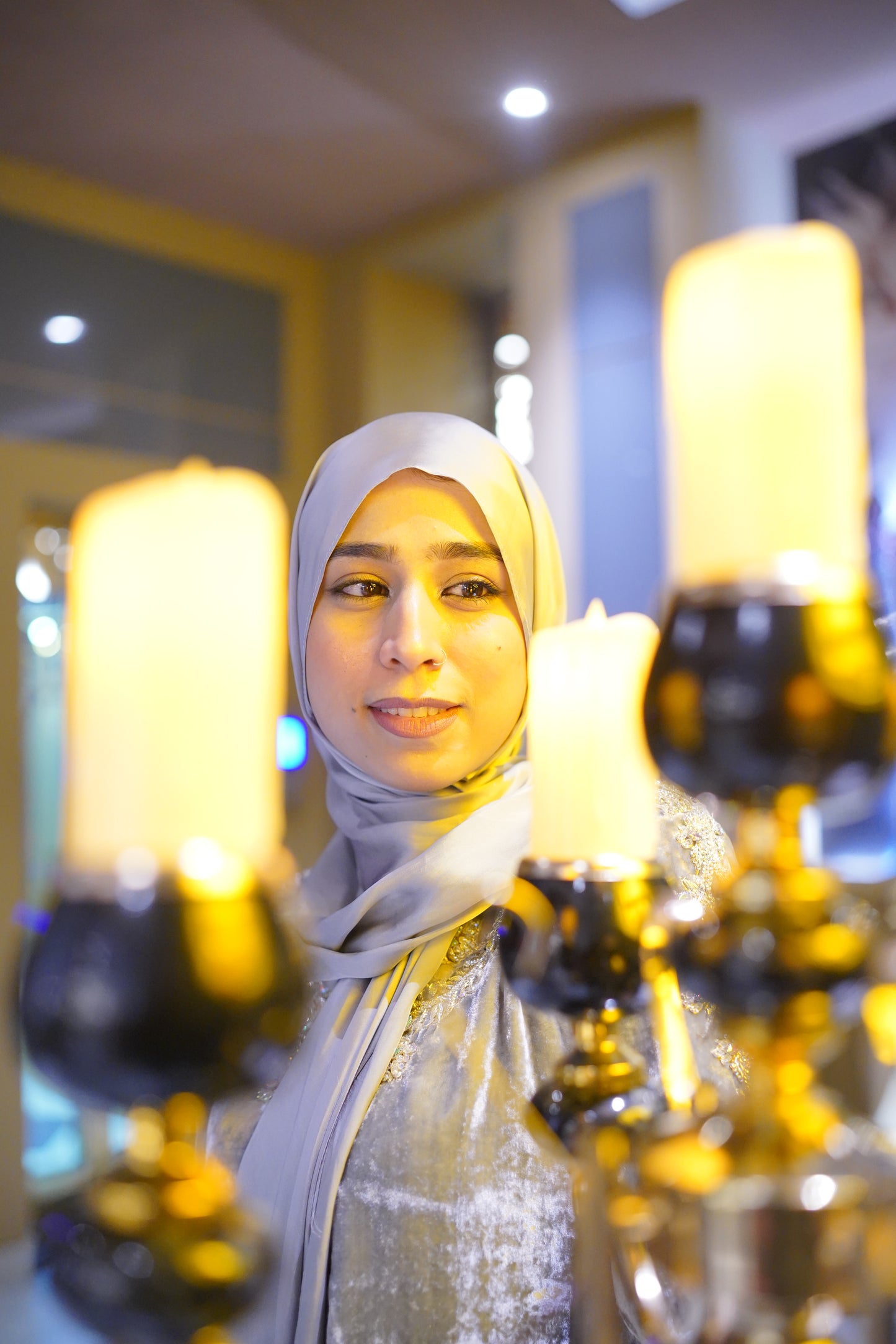 Silver Grey Pure Velvet Short Open Gown with Stone & Crystal Work – 4 Piece Silk Trouser Inner & Dupatta Set