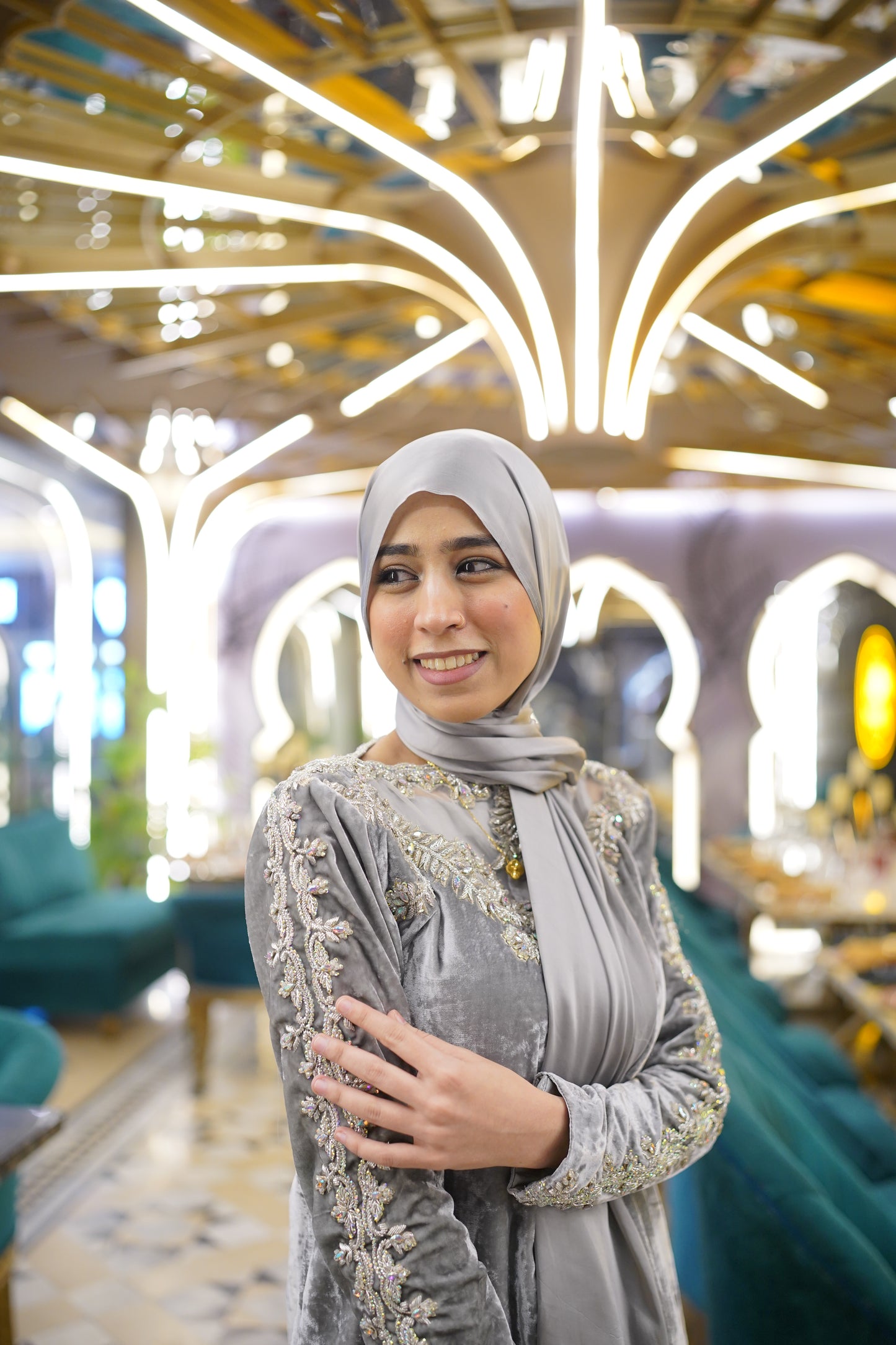 Silver Grey Pure Velvet Short Open Gown with Stone & Crystal Work – 4 Piece Silk Trouser Inner & Dupatta Set