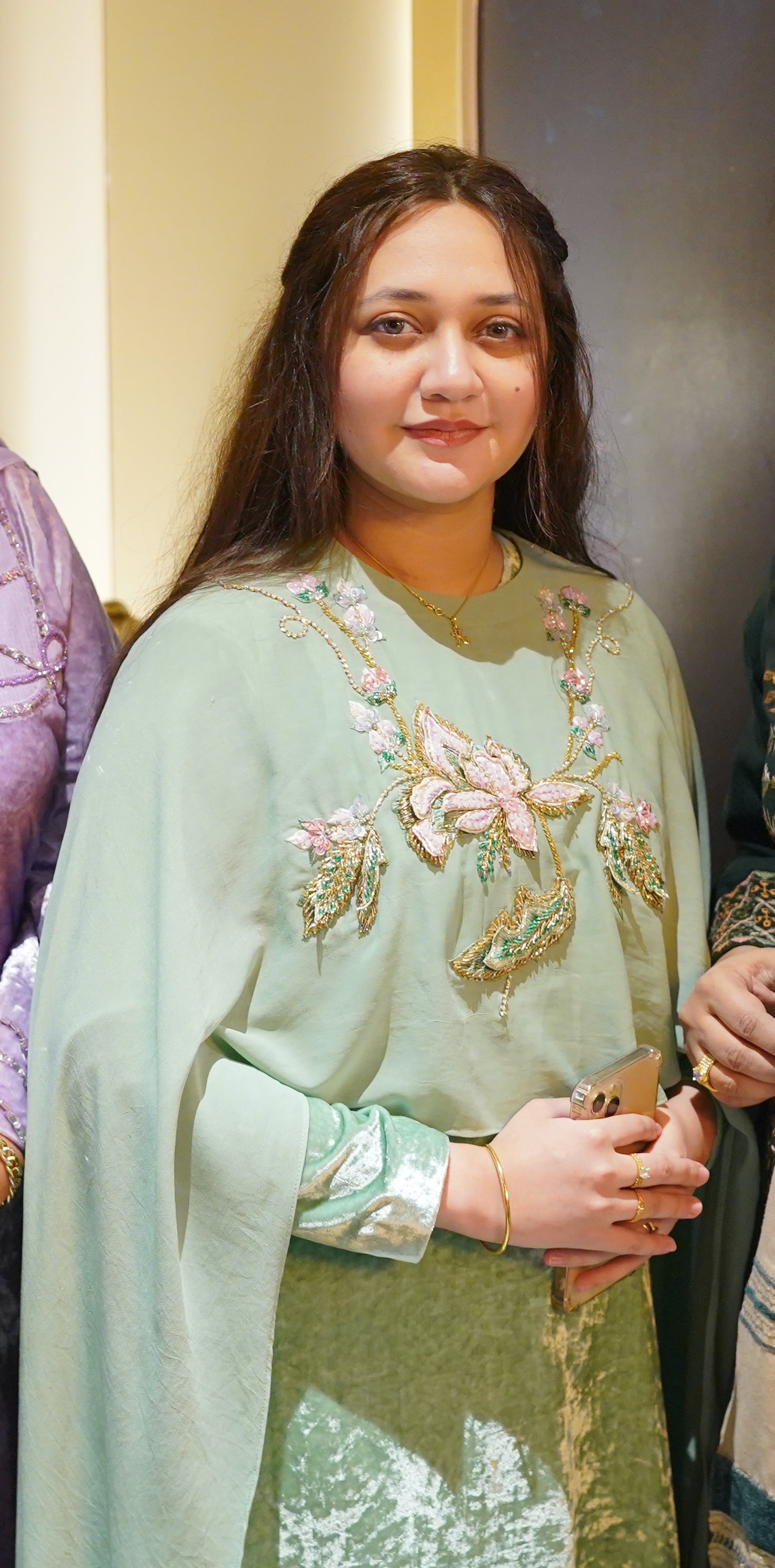 Pistachio Green Pure Velvet Long Dress with Embellished Chiffon Cape – 2 Piece Formal Weara