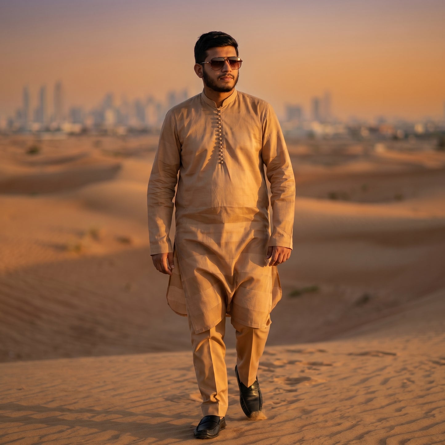 Self Stripe Summer Kurta with Straight Trouser – Beige Gold