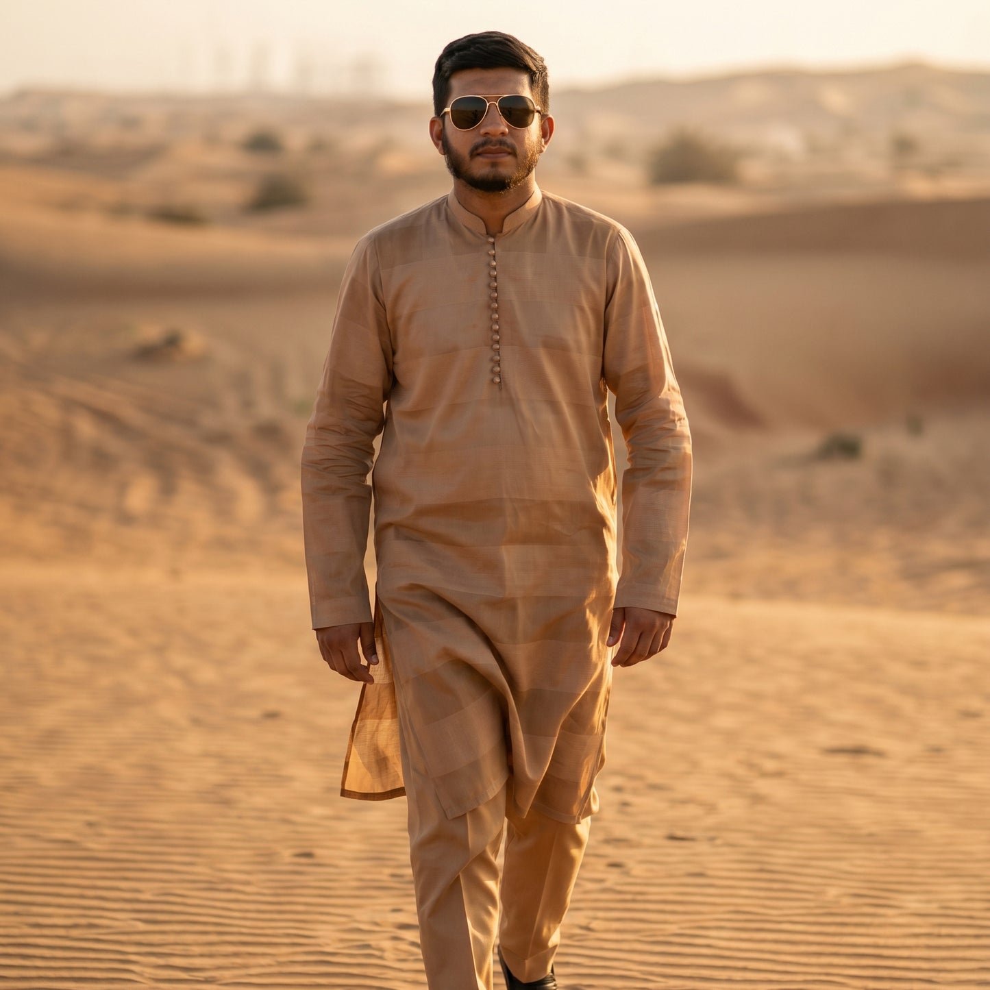 Self Stripe Summer Kurta with Straight Trouser – Beige Gold