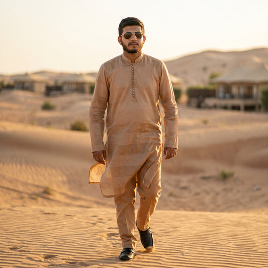Self Stripe Summer Kurta with Straight Trouser – Beige Gold