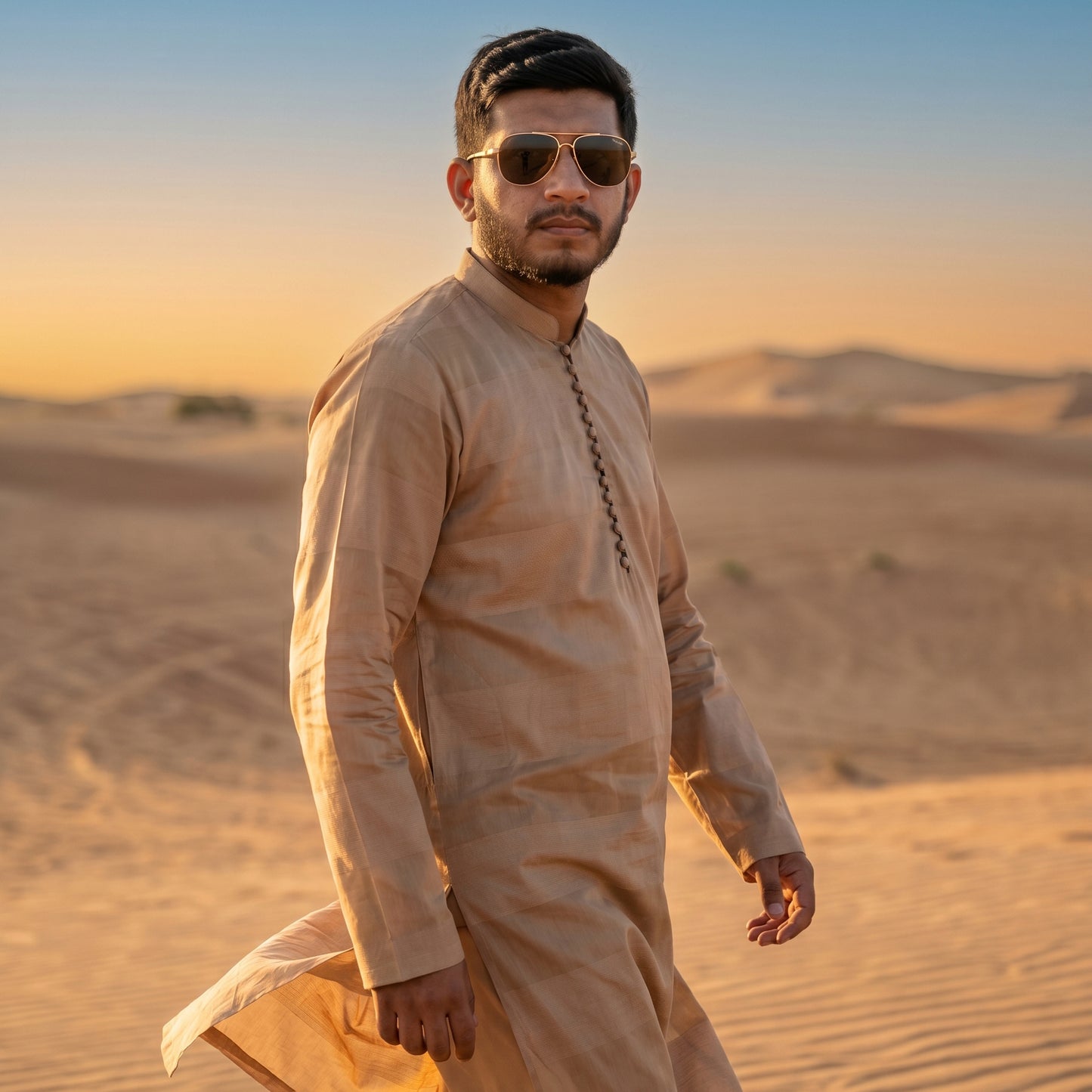 Self Stripe Summer Kurta with Straight Trouser – Beige Gold