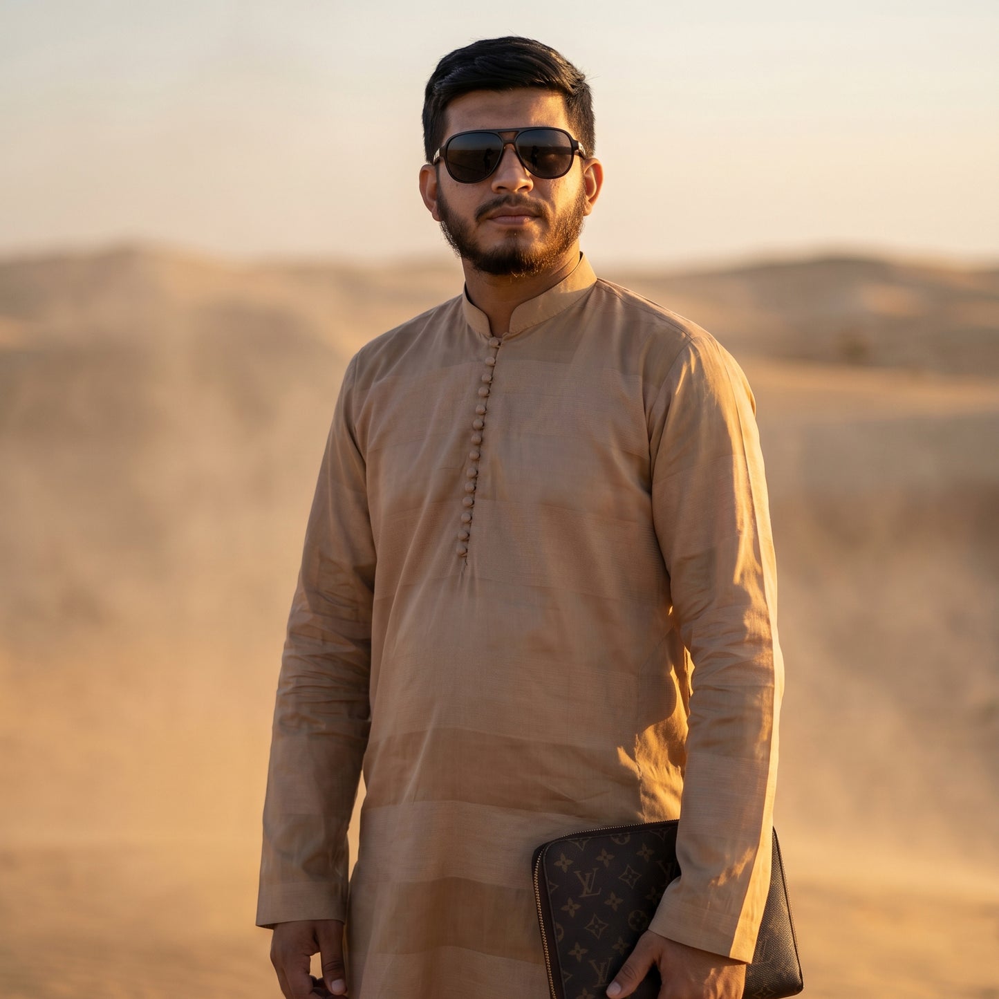 Self Stripe Summer Kurta with Straight Trouser – Beige Gold