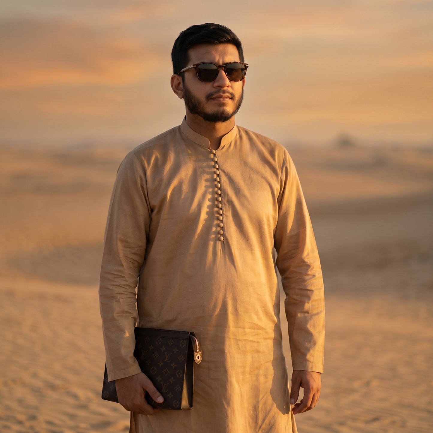Self Stripe Summer Kurta with Straight Trouser – Beige Gold