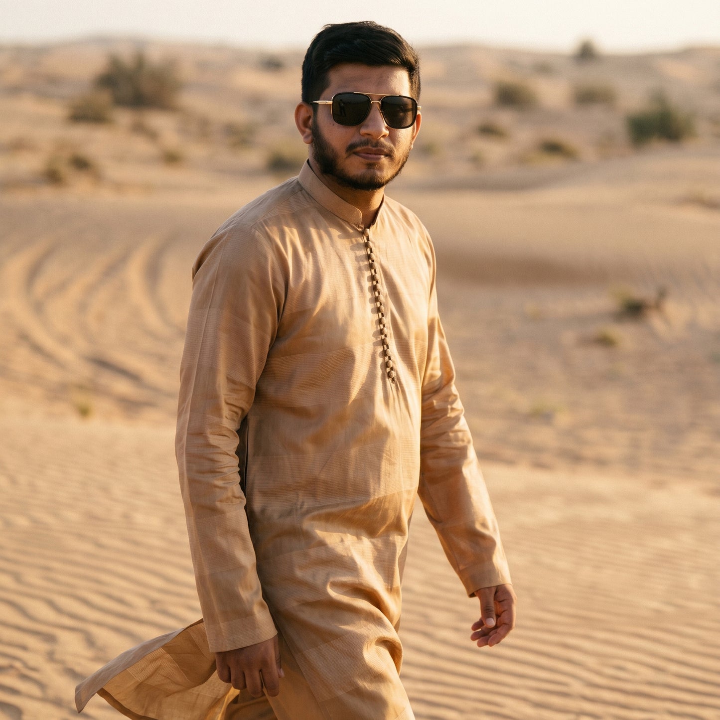 Self Stripe Summer Kurta with Straight Trouser – Beige Gold
