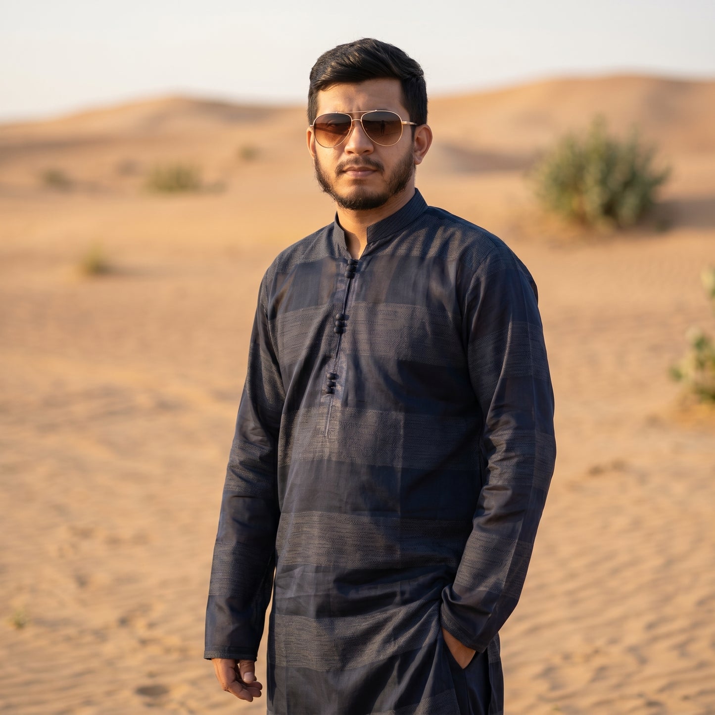 Self Stripe Summer Kurta with Straight Trouser – Navy Blue