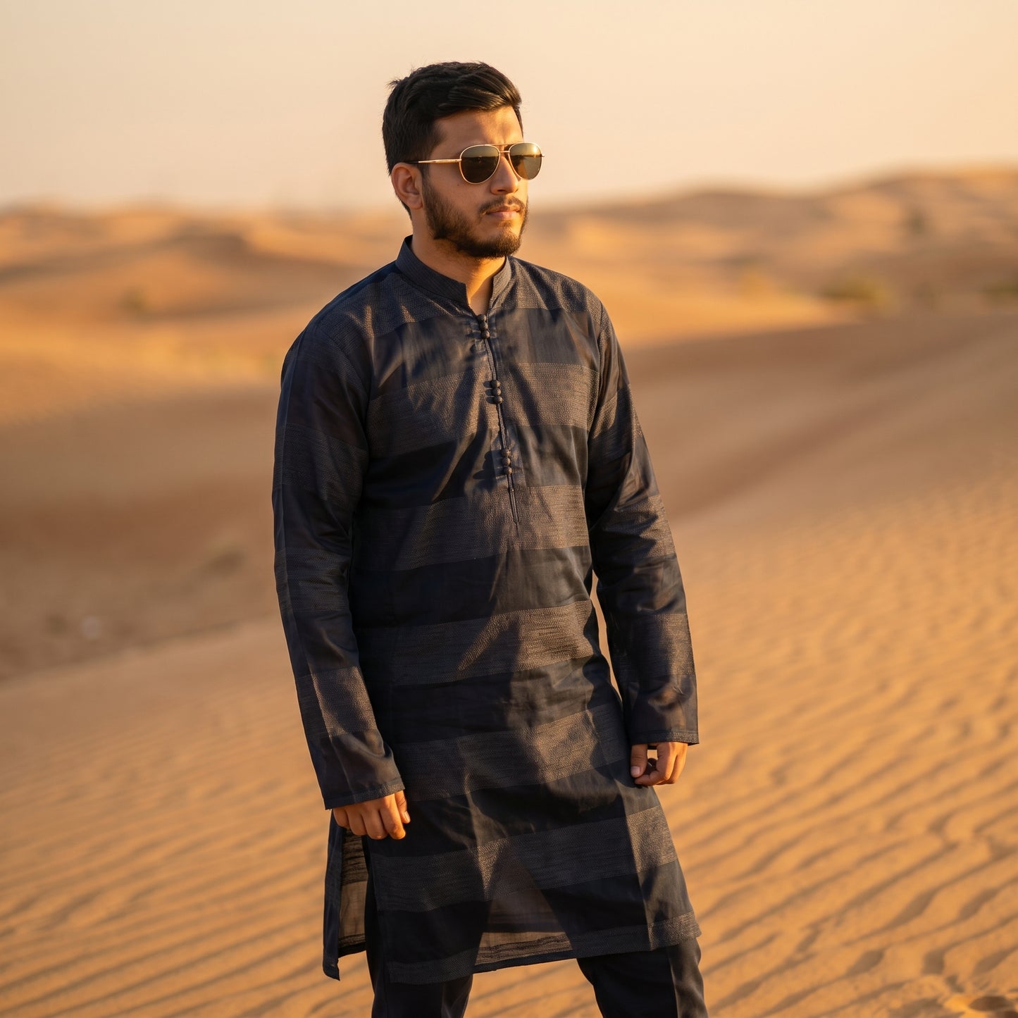 Self Stripe Summer Kurta with Straight Trouser – Navy Blue