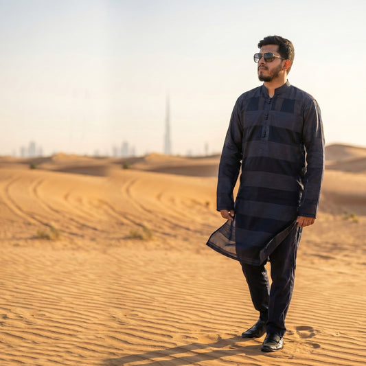 Self Stripe Summer Kurta with Straight Trouser – Navy Blue