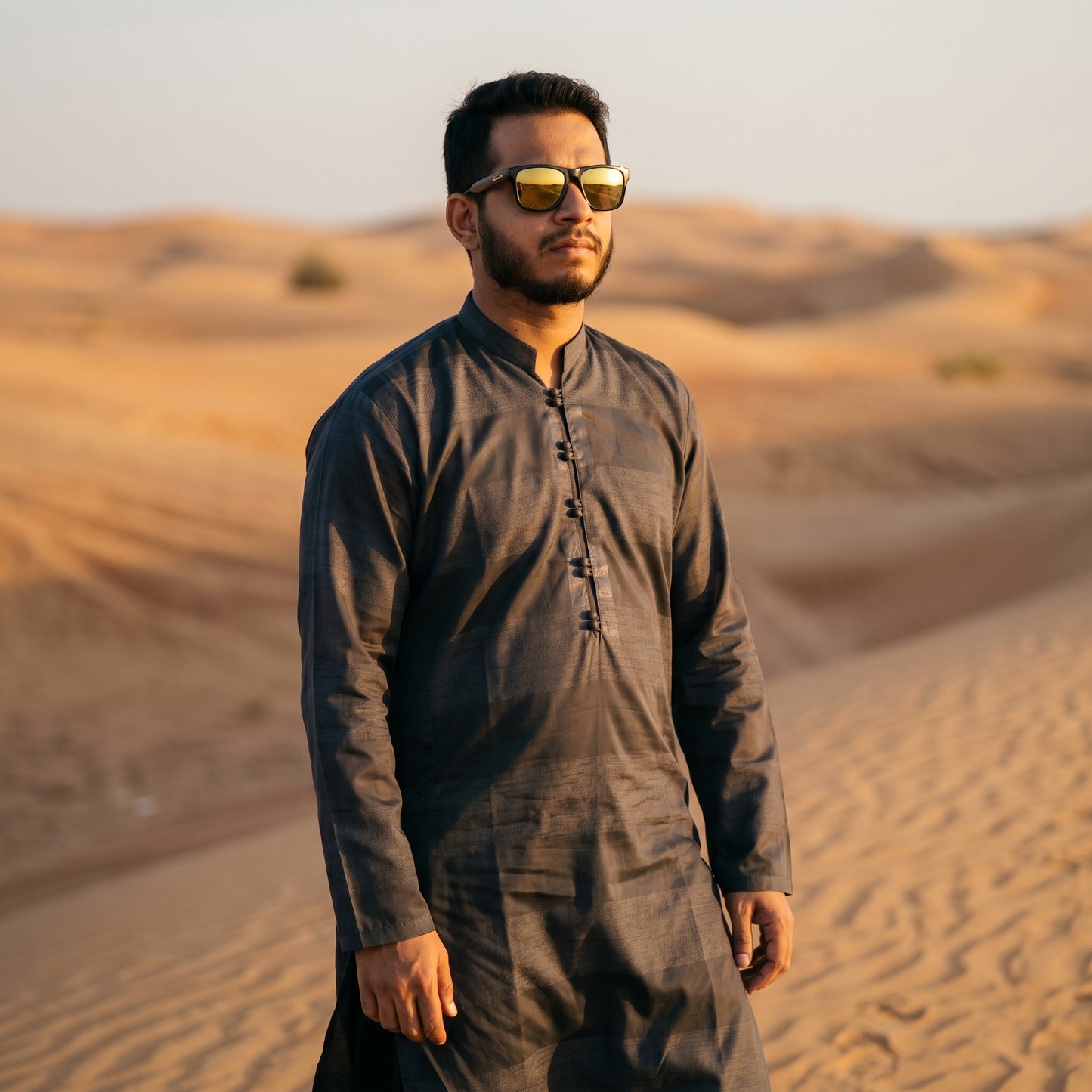Self Stripe Summer Kurta with Straight Trouser – Charcoal Grey