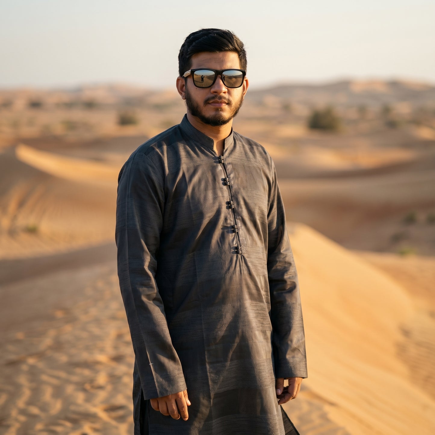 Self Stripe Summer Kurta with Straight Trouser – Charcoal Grey