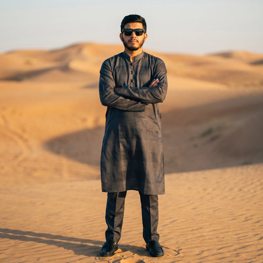 Self Stripe Summer Kurta with Straight Trouser – Charcoal Grey