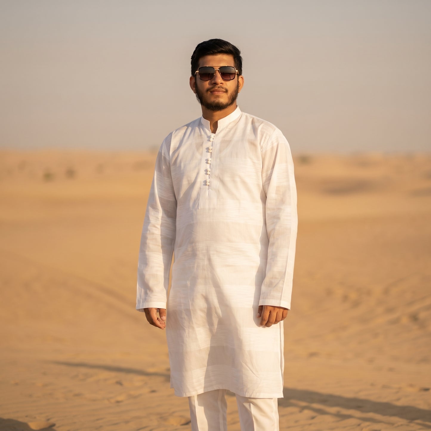 Self Stripe Summer Kurta with Straight Trouser – White