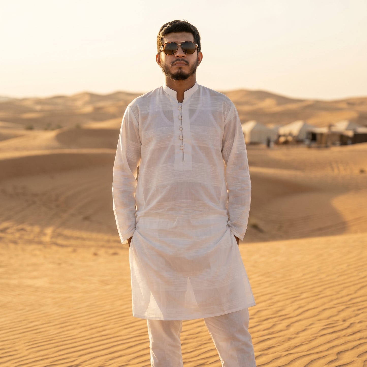 Self Stripe Summer Kurta with Straight Trouser – White