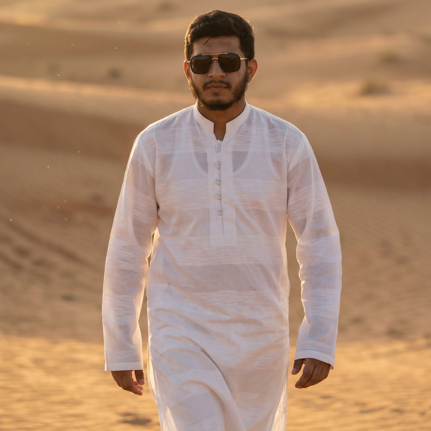 Self Stripe Summer Kurta with Straight Trouser – White