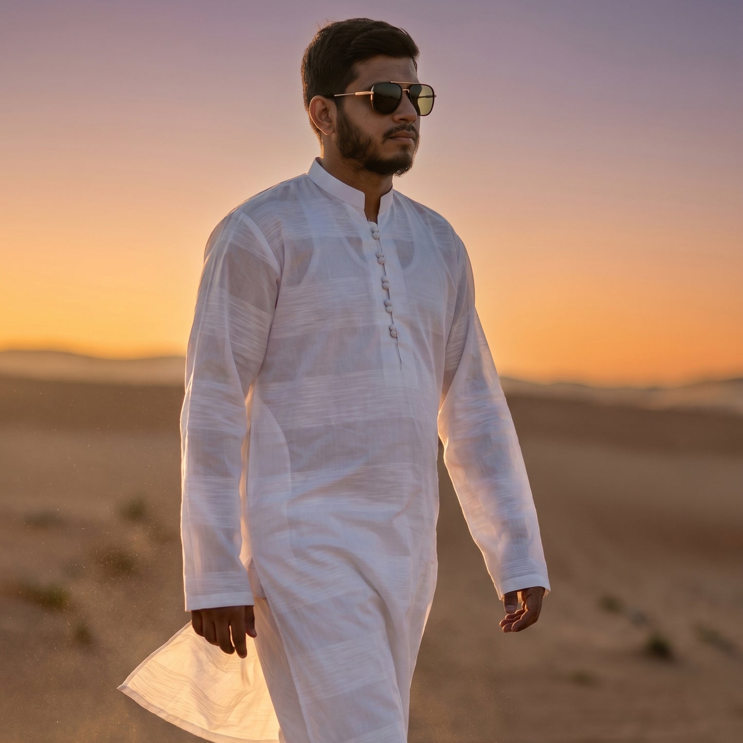 Self Stripe Summer Kurta with Straight Trouser – White