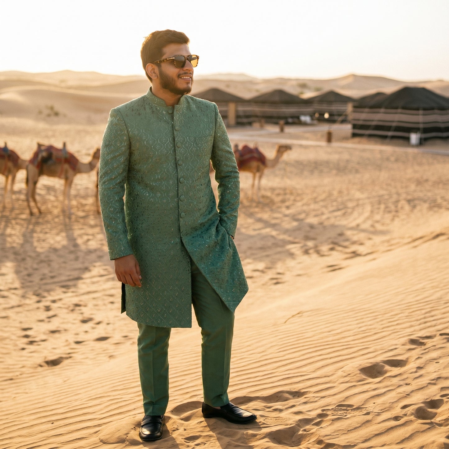 Men’s Wedding Short Sherwani Set – Pure Karandi Soft Texture – Mint Green | Formal Wear