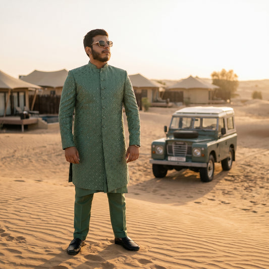 Men’s Wedding Short Sherwani Set – Pure Karandi Soft Texture – Mint Green | Formal Wear