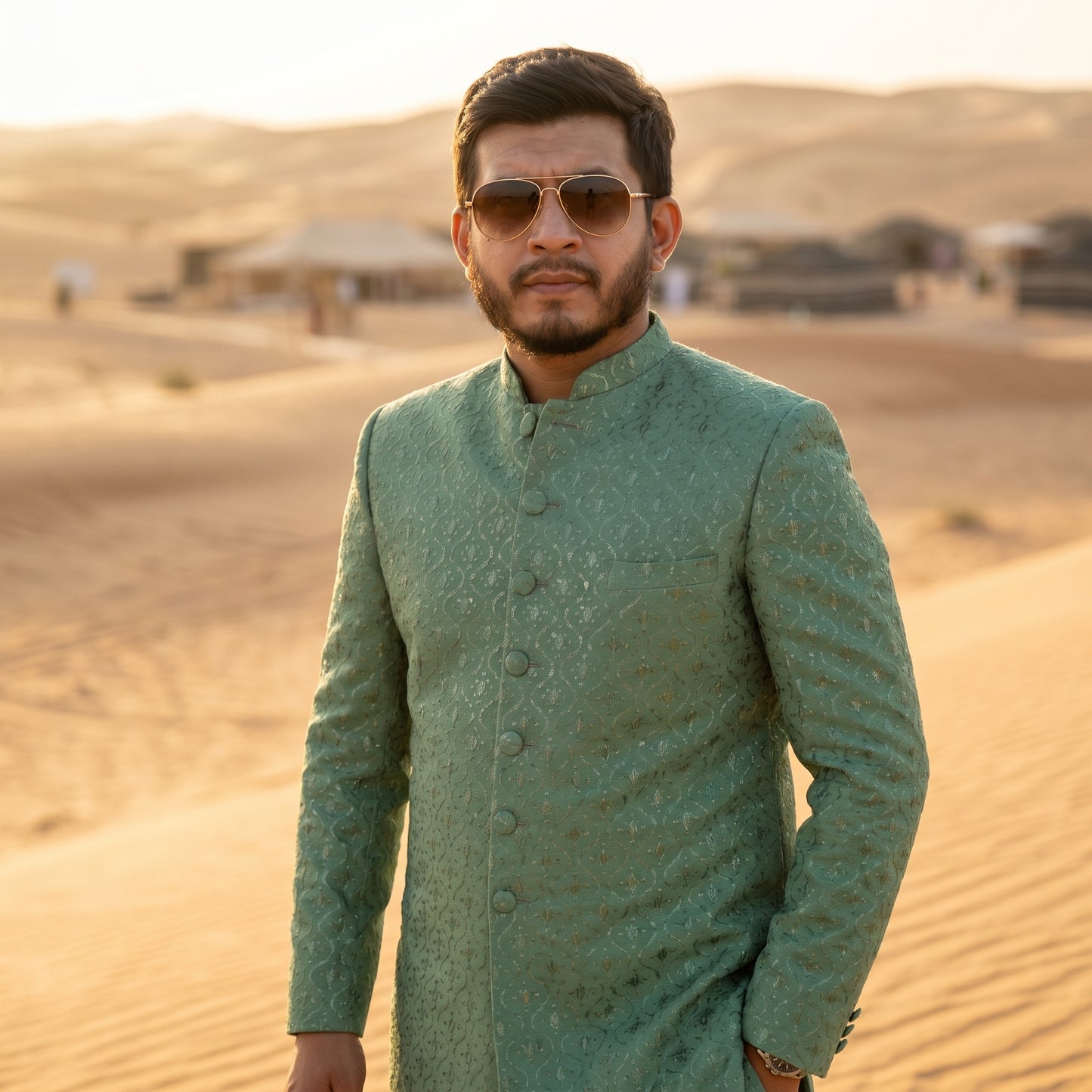 Men’s Wedding Short Sherwani Set – Pure Karandi Soft Texture – Mint Green | Formal Wear