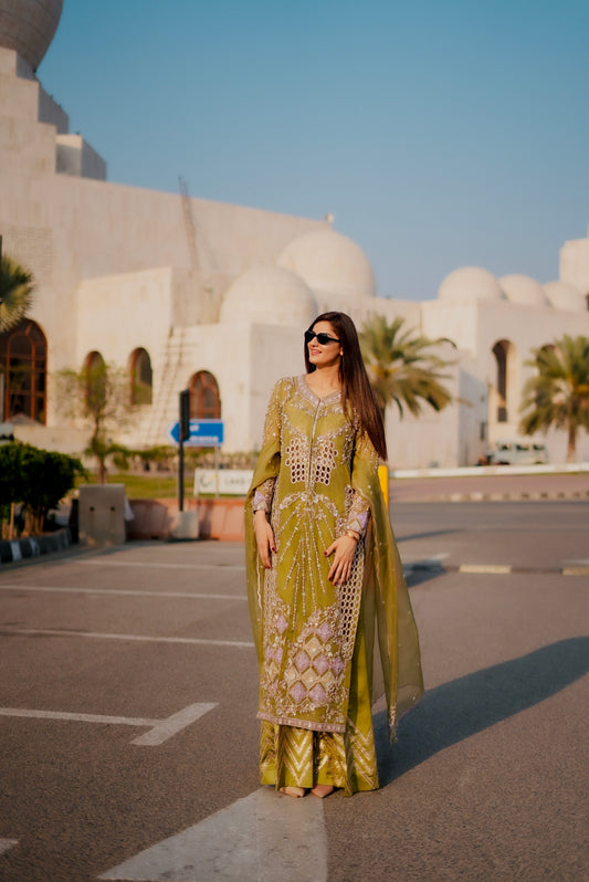 Luxury Organza Long Open Jacket with Dual-Tone Detailing & Silk Palazzo