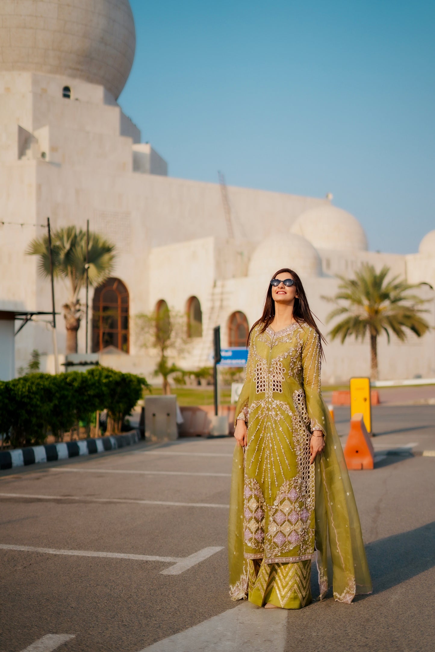 Luxury Organza Long Open Jacket with Dual-Tone Detailing & Silk Palazzo