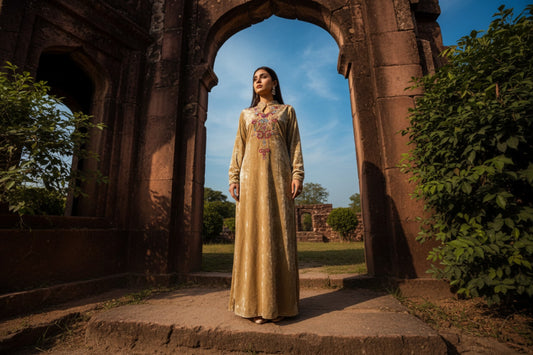 Skin Tone Velvet Long Shirt with Silk Trouser & Cutwork Silk Dupatta