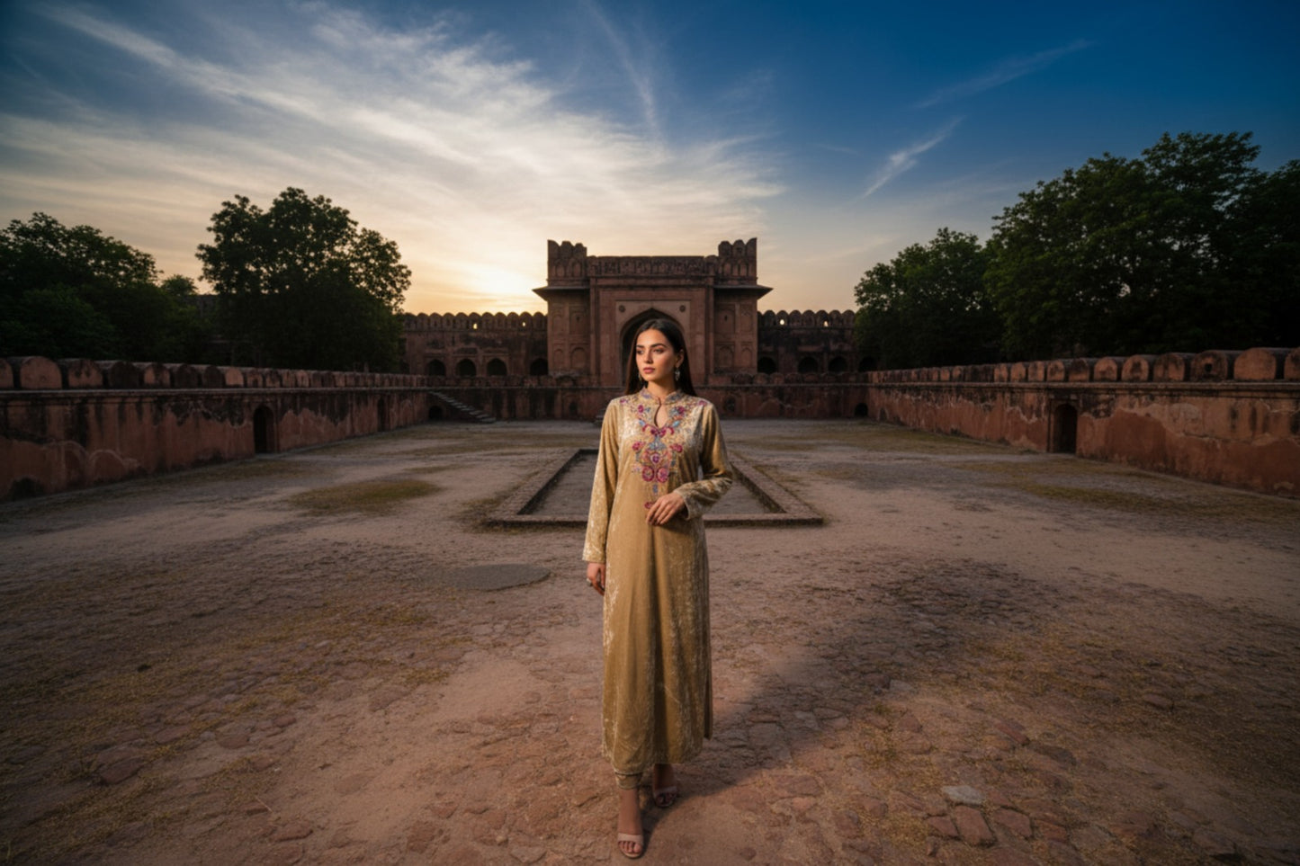 Skin Tone Velvet Long Shirt with Silk Trouser & Cutwork Silk Dupatta