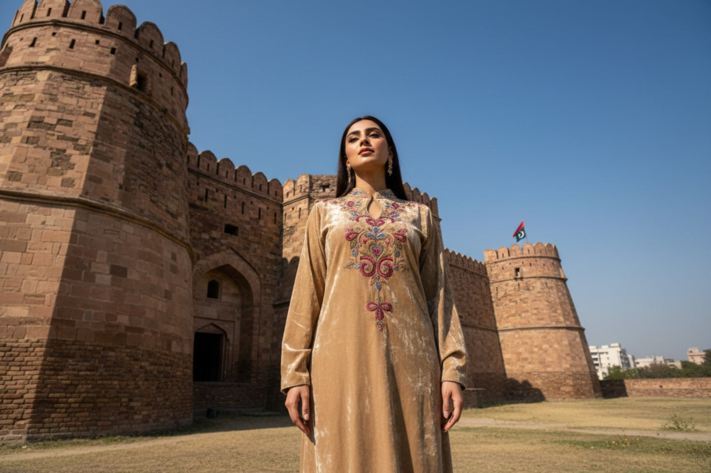 Skin Tone Velvet Long Shirt with Silk Trouser & Cutwork Silk Dupatta