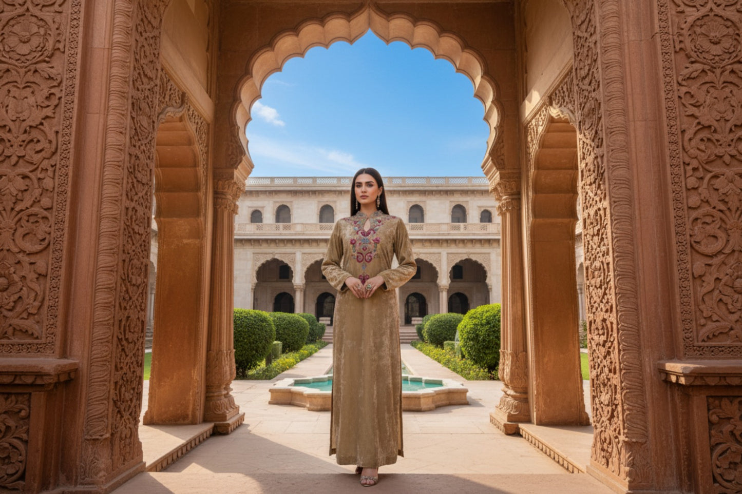 Skin Tone Velvet Long Shirt with Silk Trouser & Cutwork Silk Dupatta