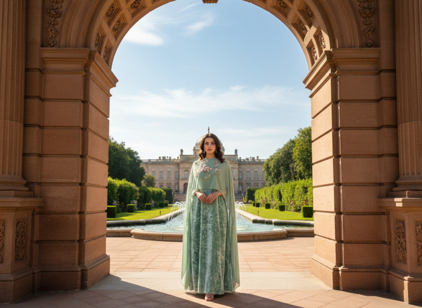 Pistachio Green Pure Velvet Long Dress with Embellished Chiffon Cape – 2 Piece Formal Weara