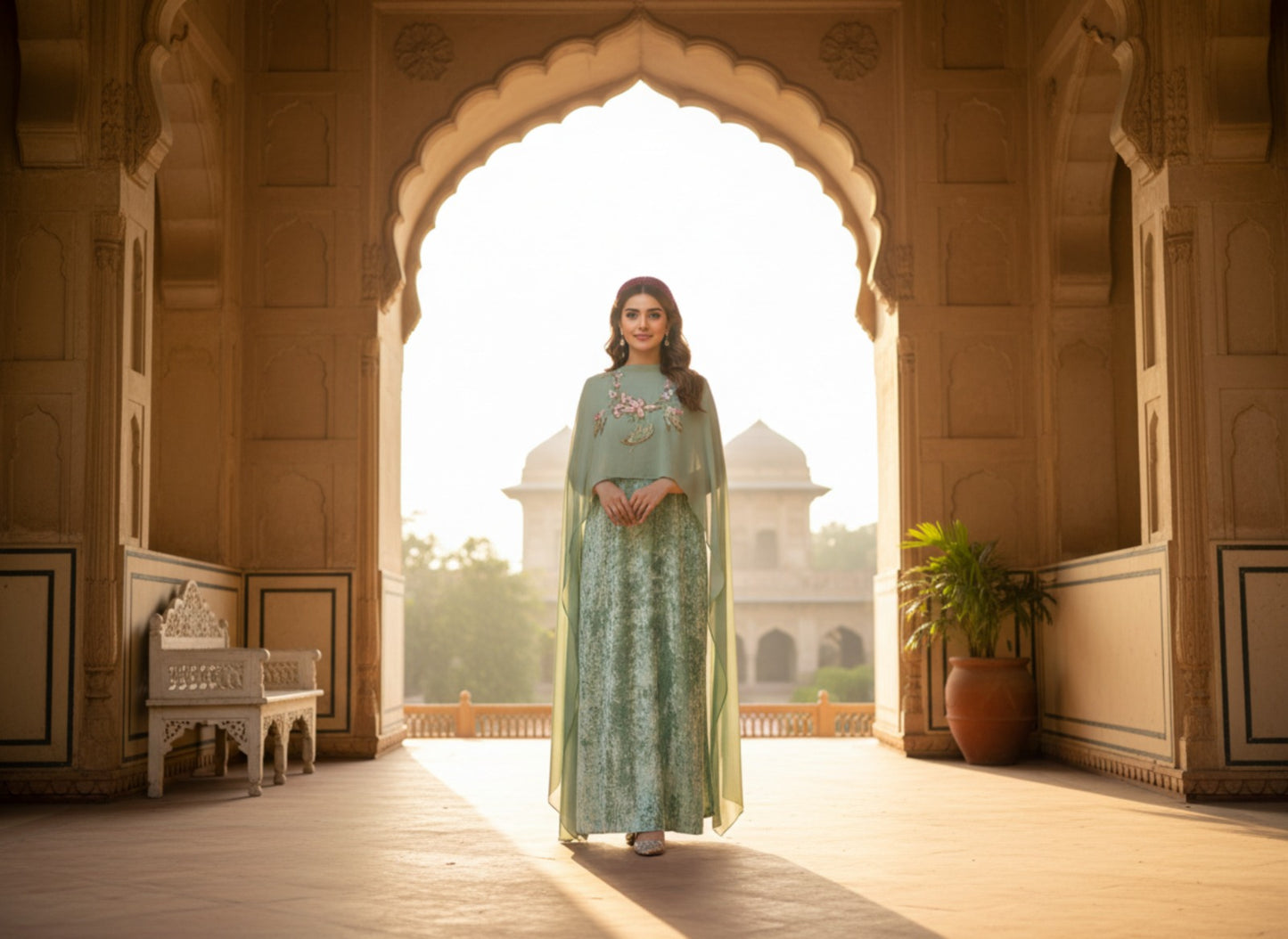 Pistachio Green Pure Velvet Long Dress with Embellished Chiffon Cape – 2 Piece Formal Weara