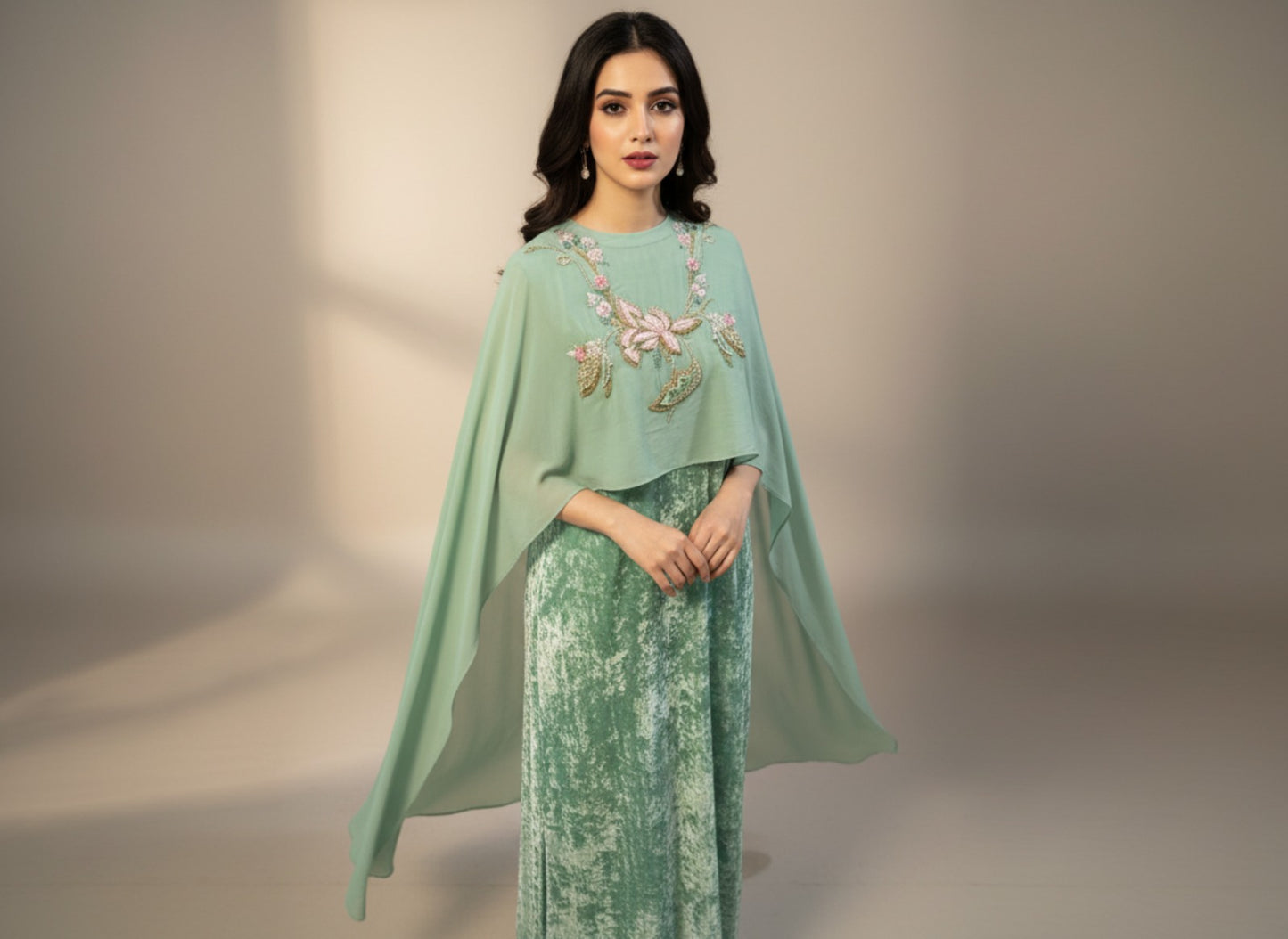 Pistachio Green Pure Velvet Long Dress with Embellished Chiffon Cape – 2 Piece Formal Weara