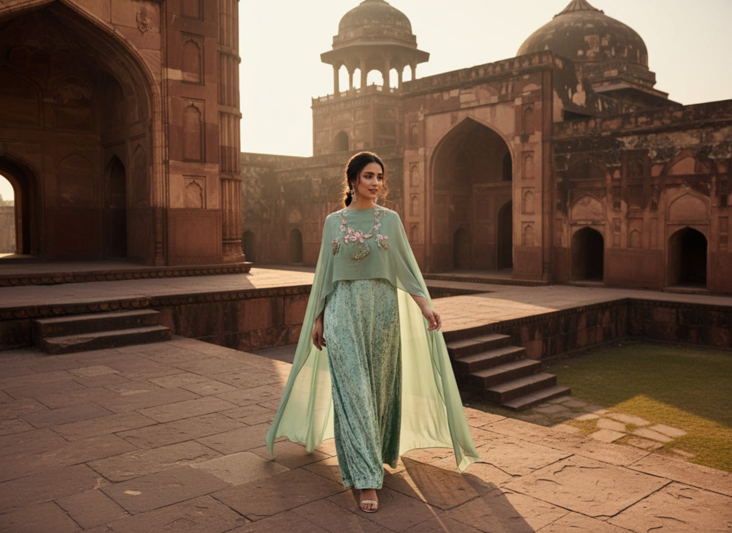 Pistachio Green Pure Velvet Long Dress with Embellished Chiffon Cape – 2 Piece Formal Weara
