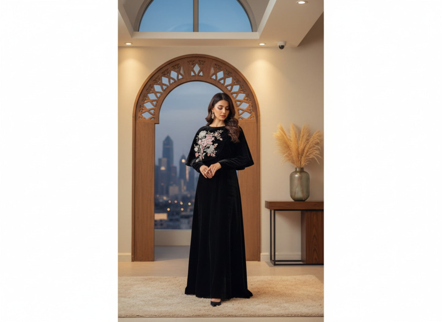 Black Long Dress with Embellished Velvet Cape – 2 Piece Formal Wear